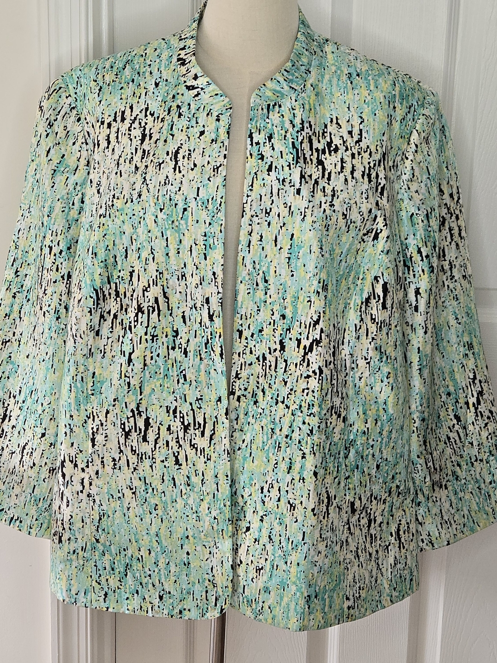 Kasper Turquoise Black White 3/4 Sleeve Open Front Blazer Jacket Sz 20W